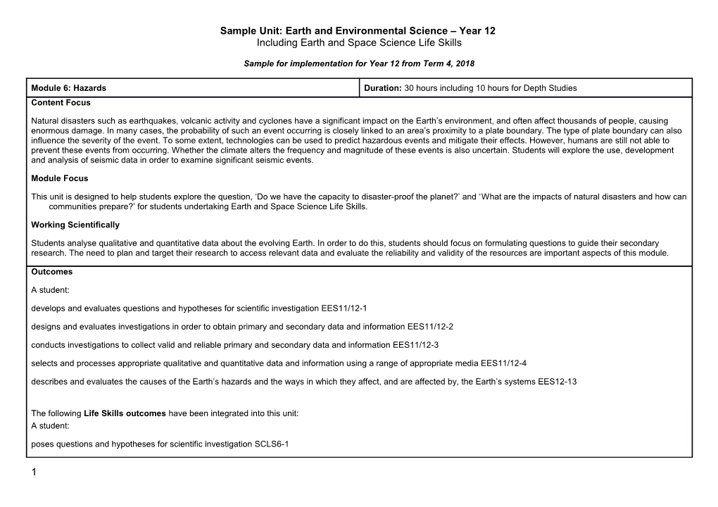 Sample Unit: Earth and Environmental Science Year 12