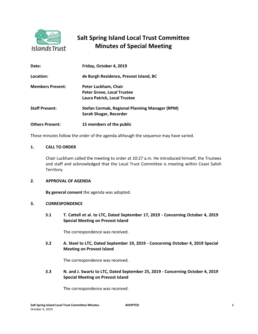 Salt Spring Island Local Trust Committee Minutes of Special Meeting