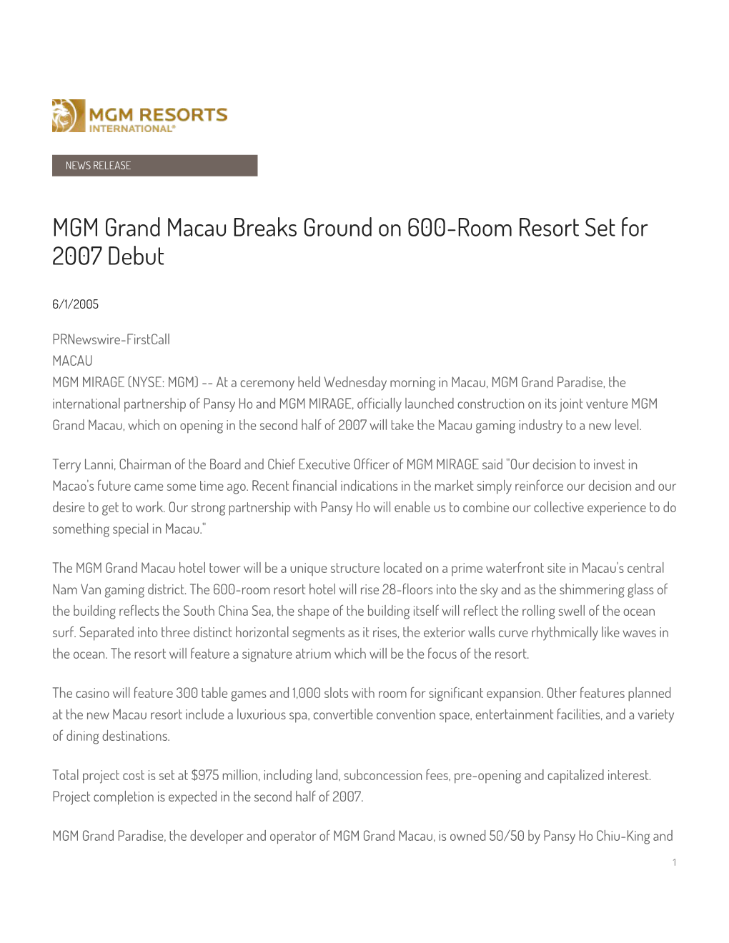 MGM Grand Macau Breaks Ground on 600-Room Resort Set for 2007 Debut