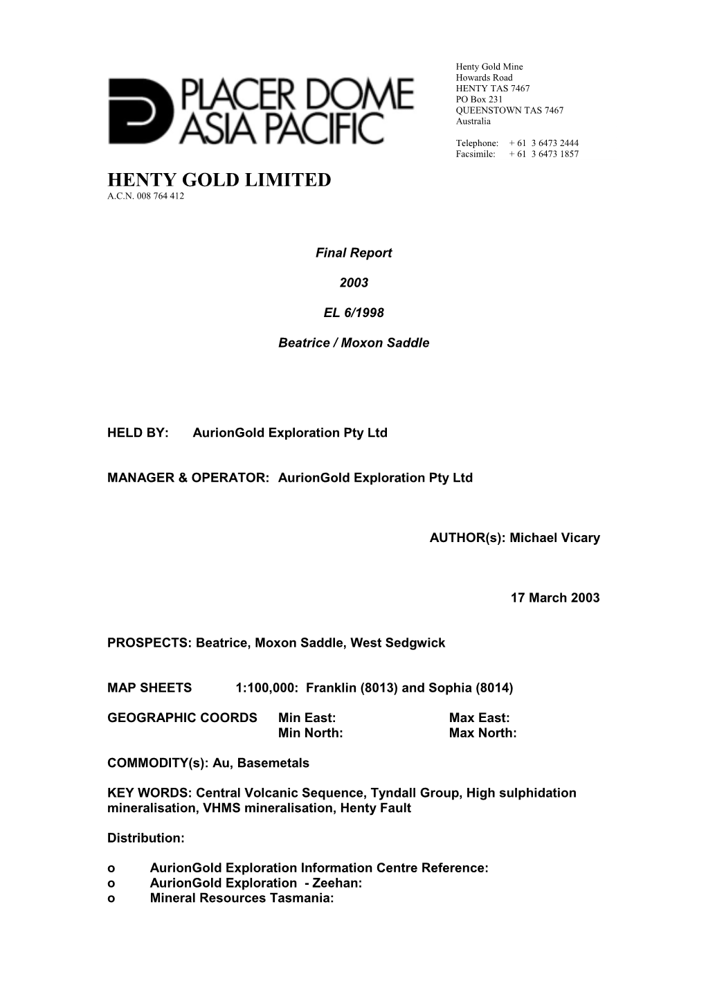 Henty Gold Limited A.C.N