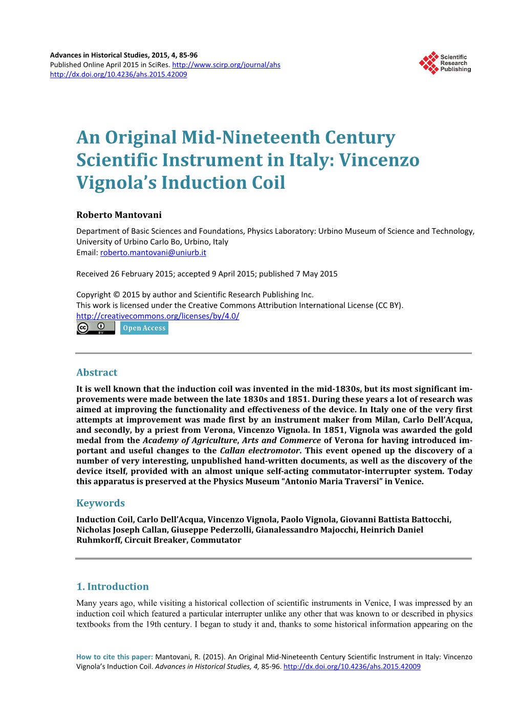 Vincenzo Vignola's Induction Coil