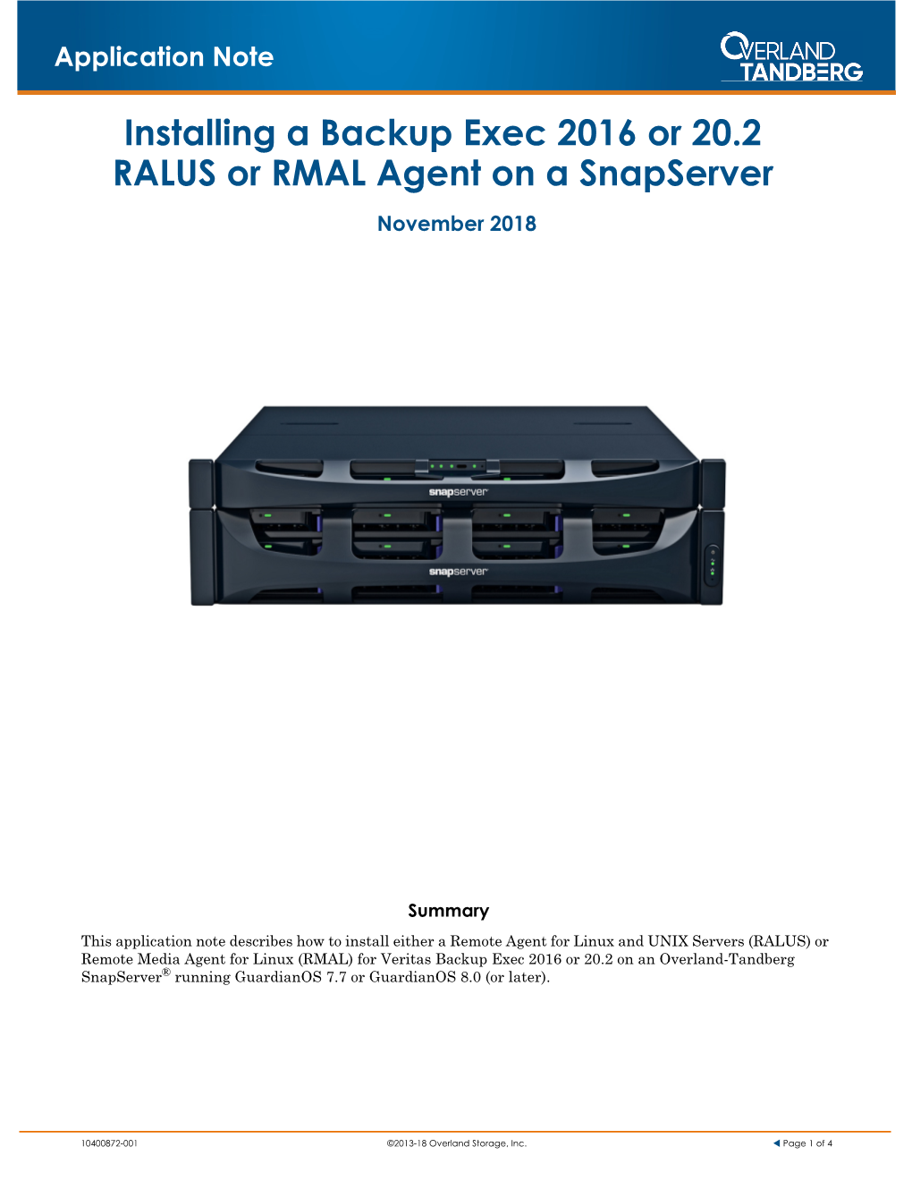 Installing a Backup Exec 2016 Or 20.2 RALUS Or RMAL Agent on a Snapserver