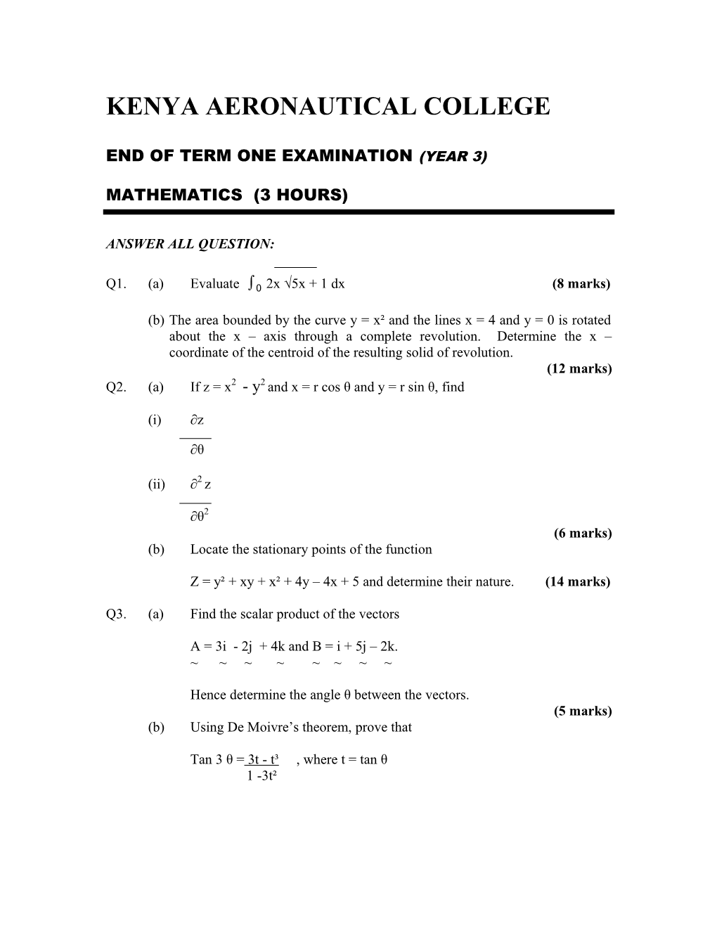 End of Term One Examination (Year 3)