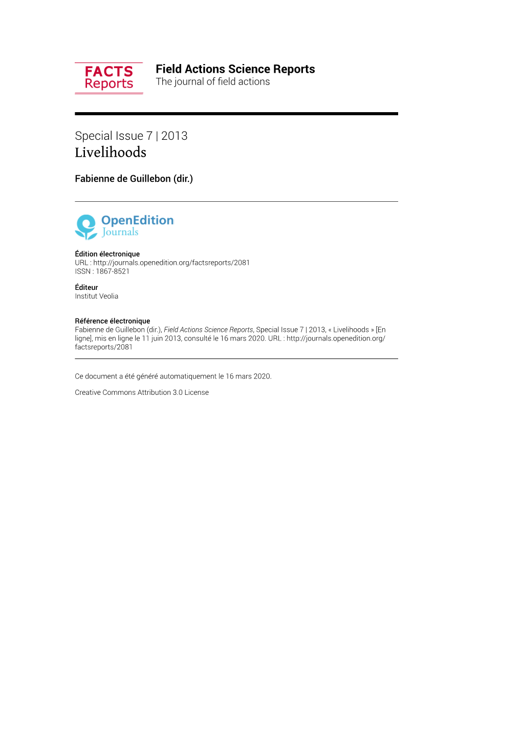 Field Actions Science Reports, Special Issue 7 | 2013, « Livelihoods » [En Ligne], Mis En Ligne Le 11 Juin 2013, Consulté Le 16 Mars 2020