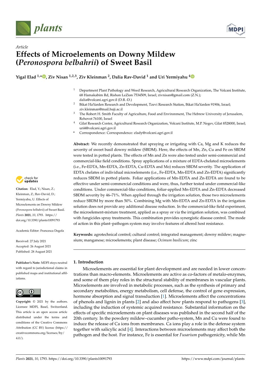 Effects of Microelements on Downy Mildew (Peronospora Belbahrii) of Sweet Basil