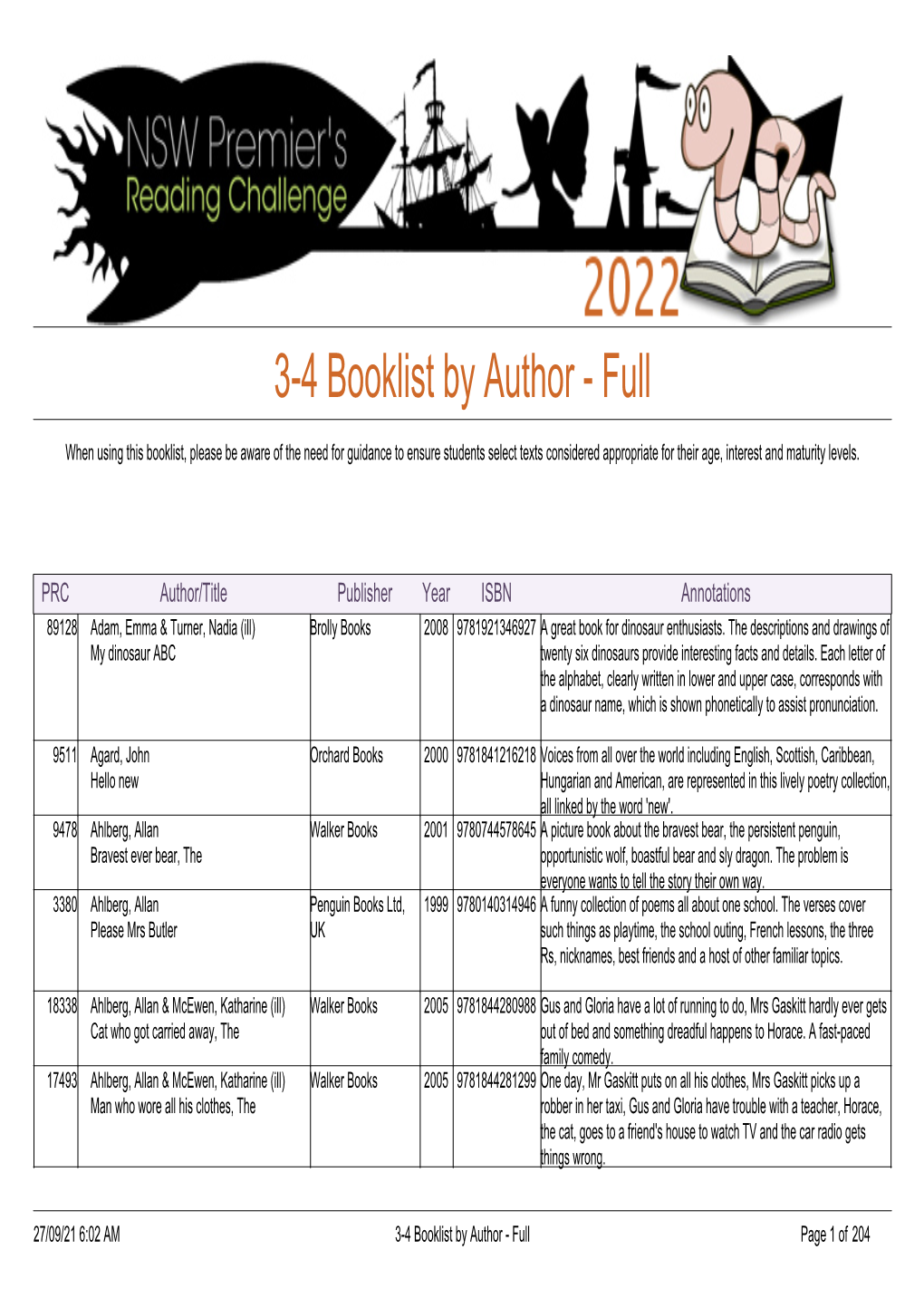 3-4 Booklist by Author - Full
