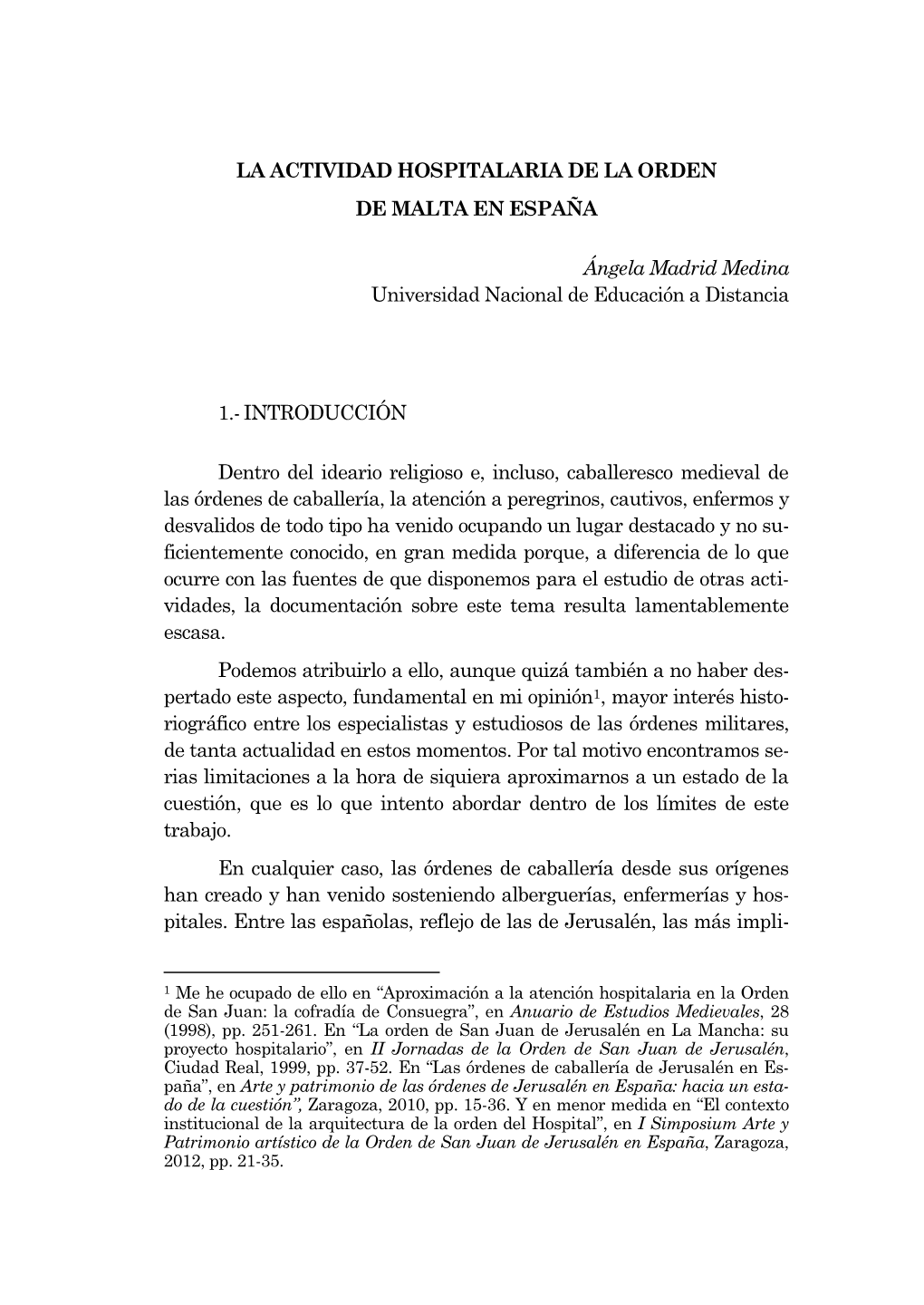 La Actividad Hospitalaria De La Orden De Malta En España