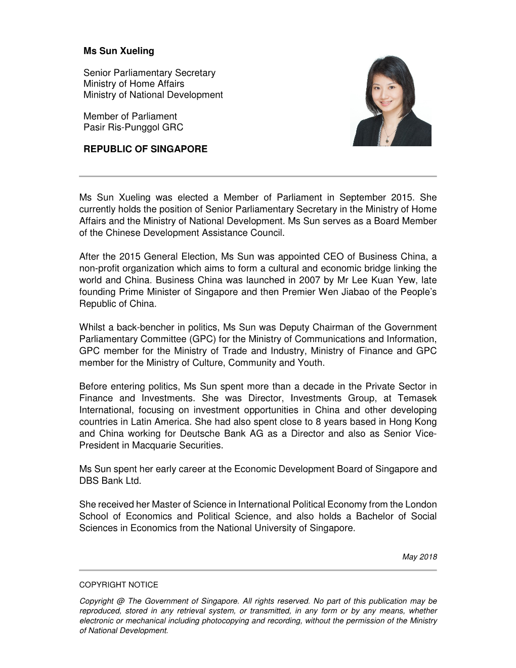 Ms Sun Xueling Senior Parliamentary Secretary Ministry of Home Affairs