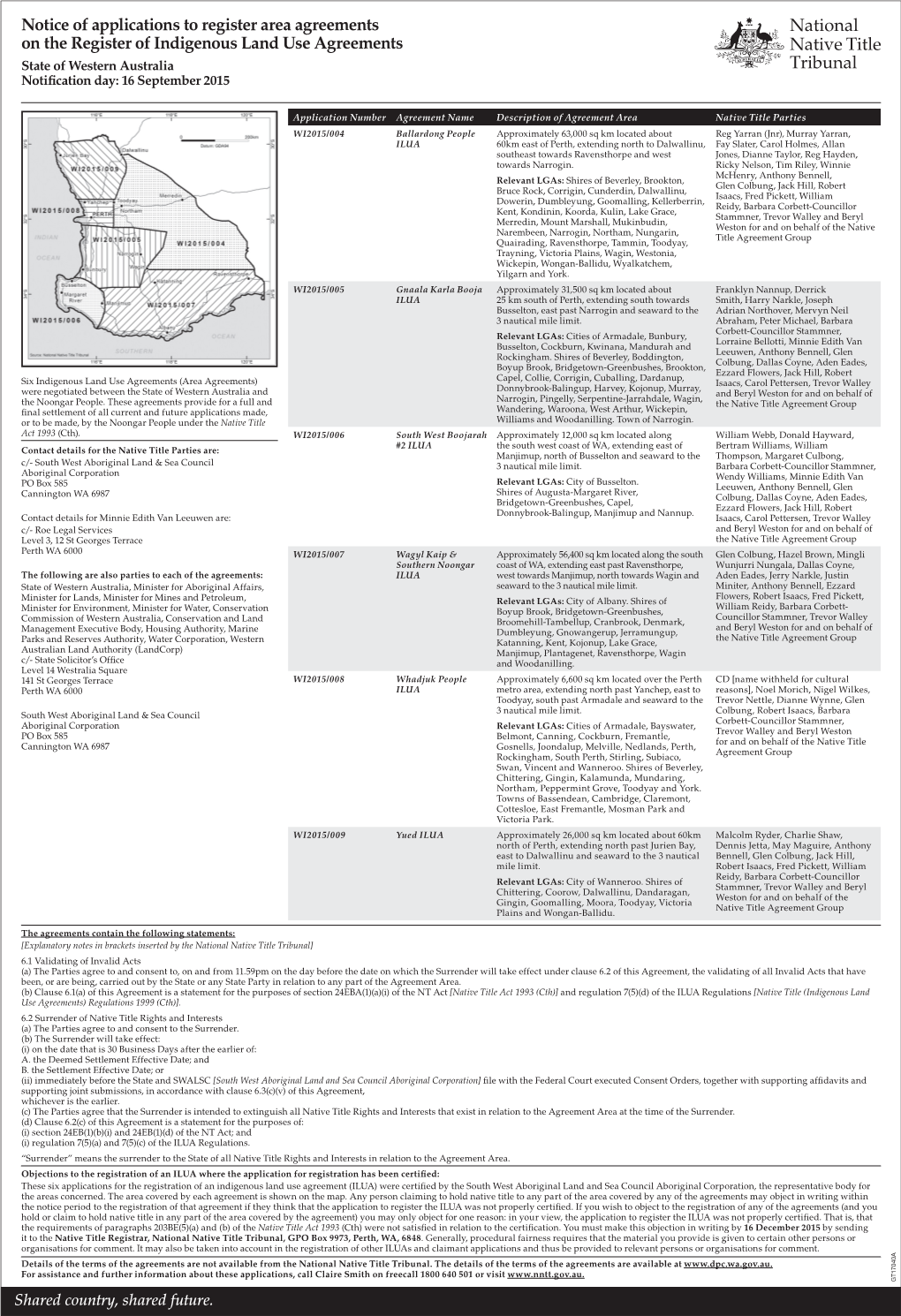 Notice of Applications to Register Area Agreements on the Register of Indigenous Land Use Agreements State of Western Australia Notifi Cation Day: 16 September 2015