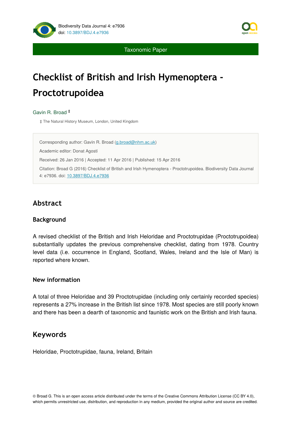 Checklist of British and Irish Hymenoptera - Proctotrupoidea