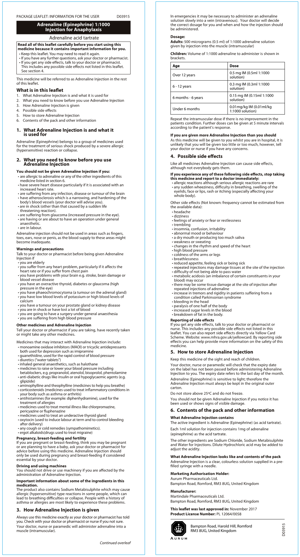 Adrenaline (Epinephrine) 1:1000 the Correct Dosage for You and When and How the Injection Should Injection for Anaphylaxis Be Administered