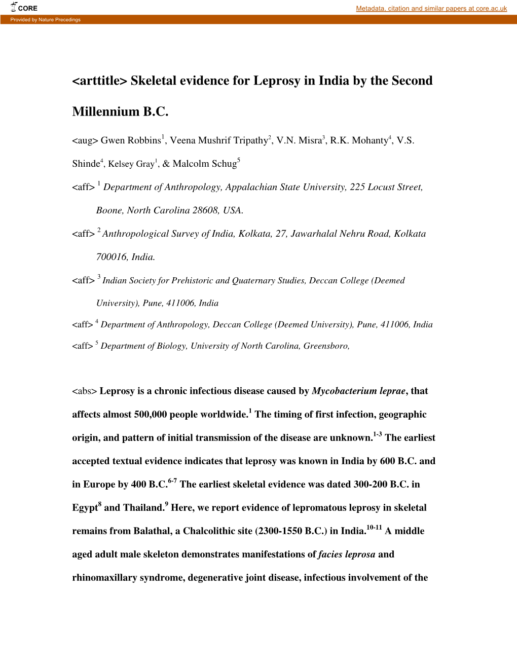 Skeletal Evidence for Leprosy in India by the Second Millennium BC