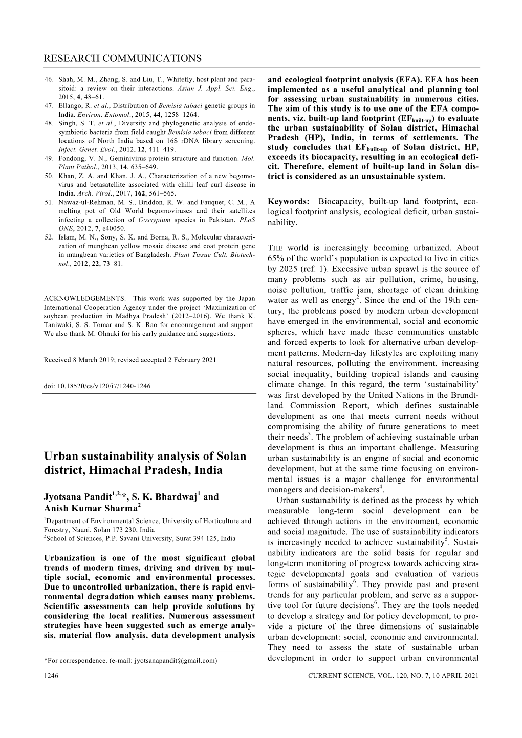 Urban Sustainability Analysis of Solan District, Himachal Pradesh, India