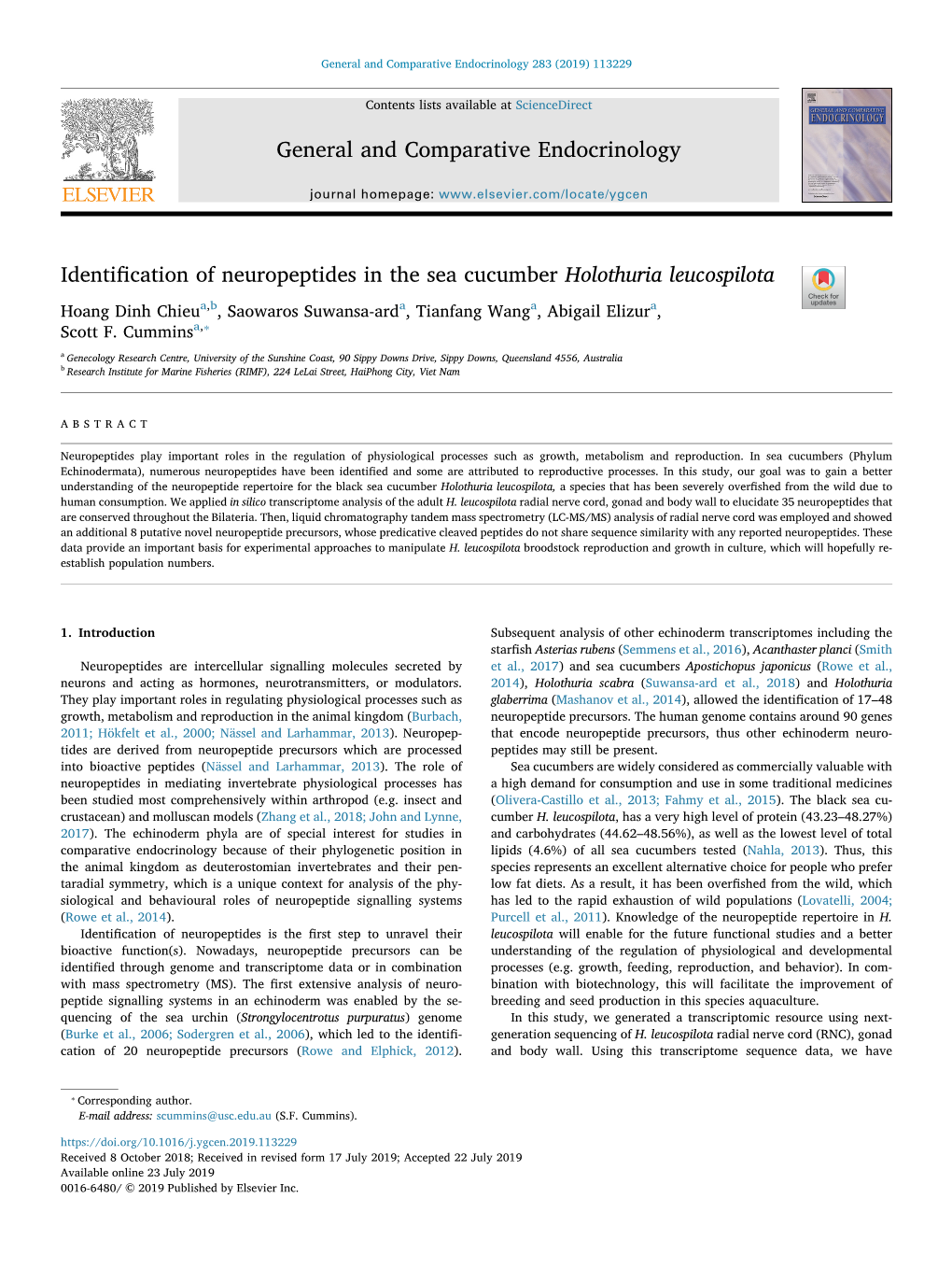 Identification of Neuropeptides in the Sea Cucumber Holothuria Leucospilota
