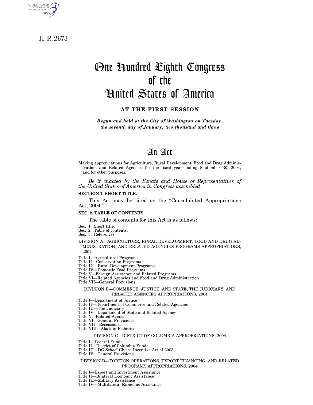 One Hundred Eighth Congress of the United States of America