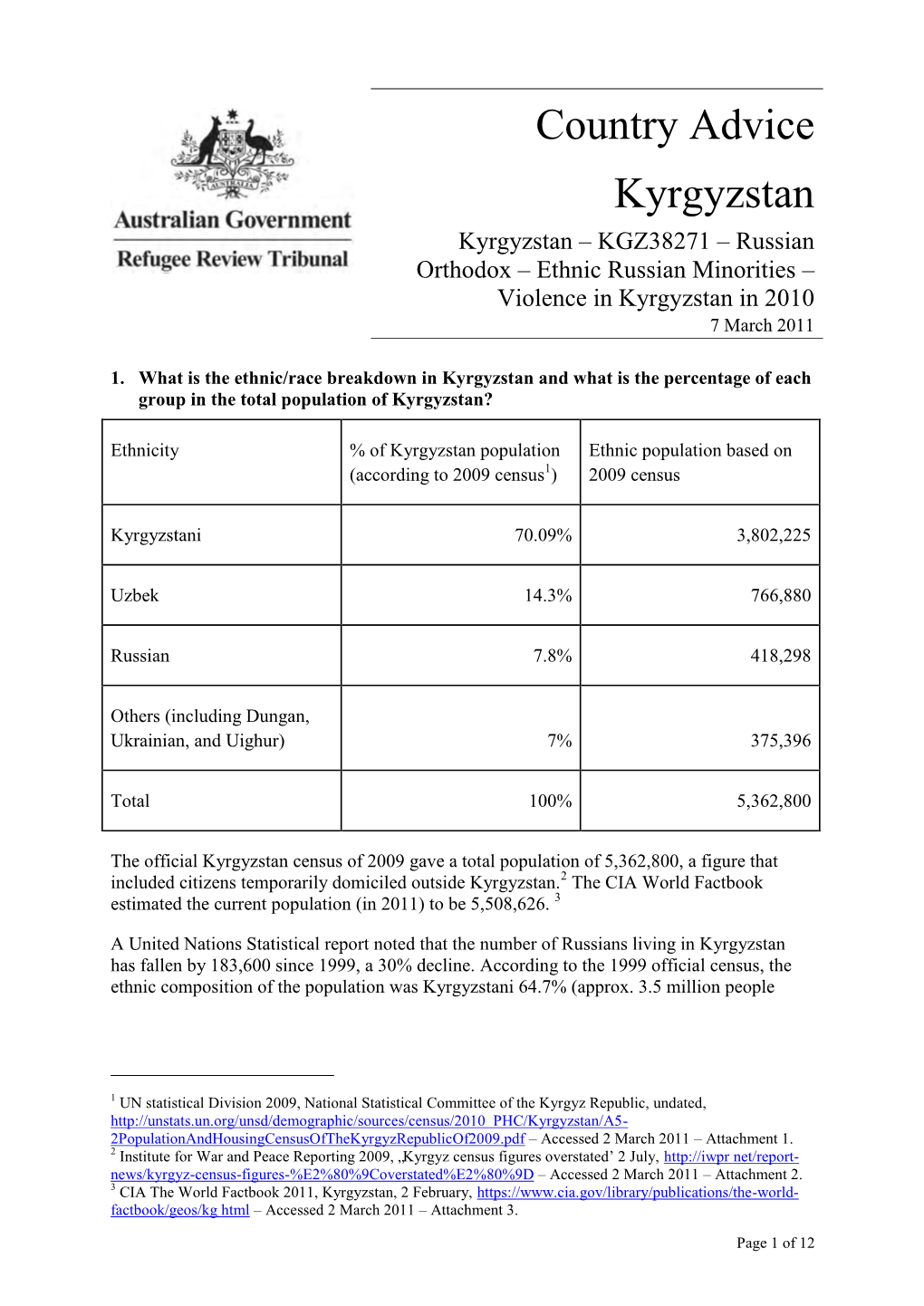 Ethnic Russian Minorities – Violence in Kyrgyzstan in 2010 7 March 2011