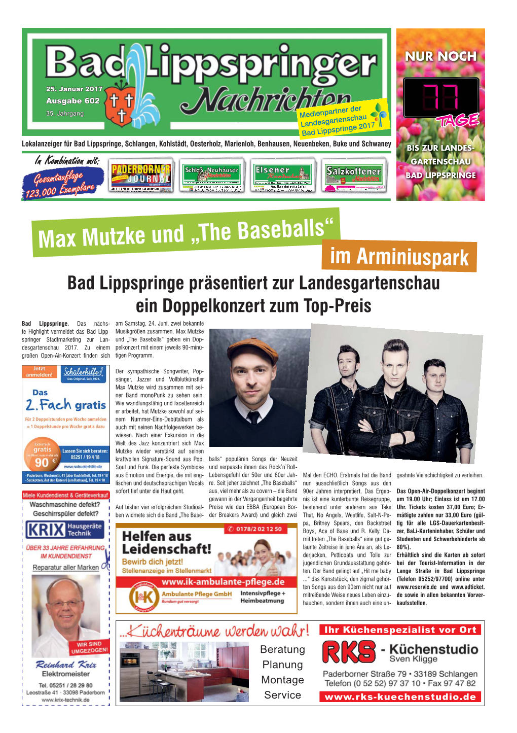Max Mutzke Und „The Baseballs“ Im Arminiuspark Bad Lippspringe Präsentiert Zur Landesgartenschau Ein Doppelkonzert Zum Top-Preis Bad Lippspringe