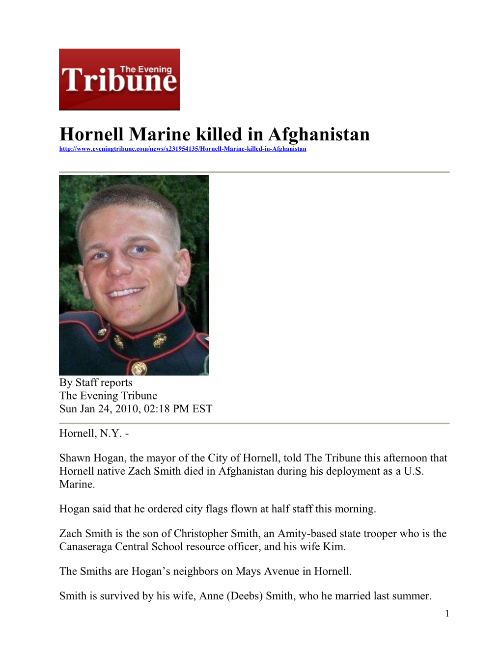 Hornell Marine Killed in Afghanistan