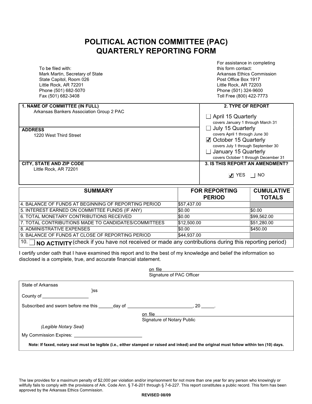 Political Action Committee (Pac) Quarterly Reporting Form