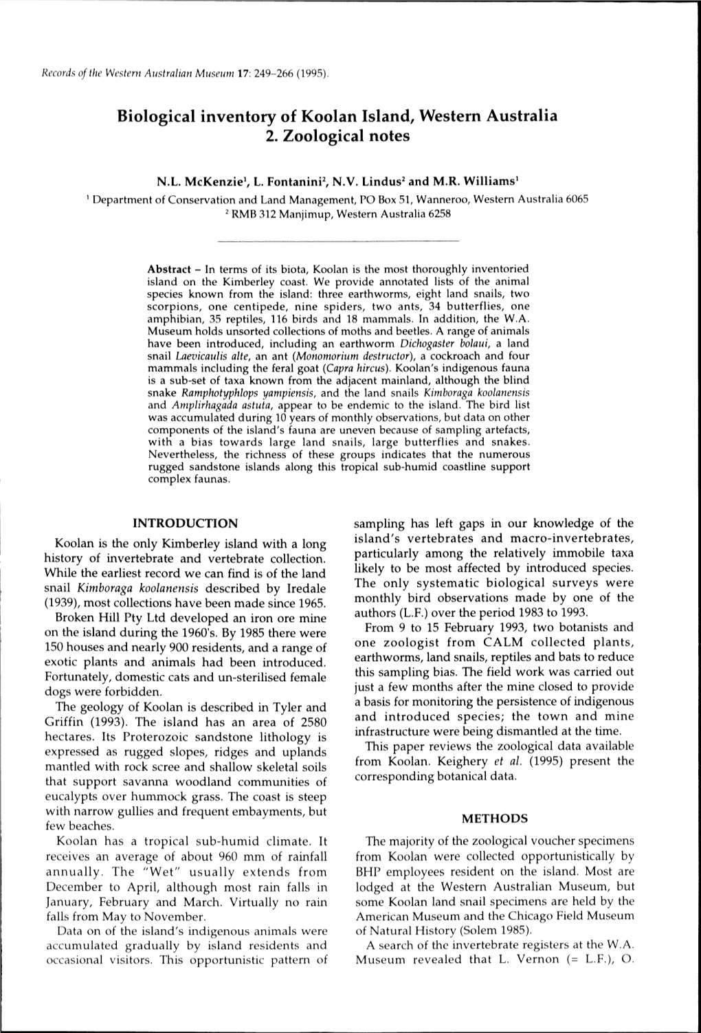 BIOLOGICAL INVENTORY of KOOLAN ISLAND, WESTERN AUTRALIA 2. ZOOLOGICAL NOTES Download 2.87 MB