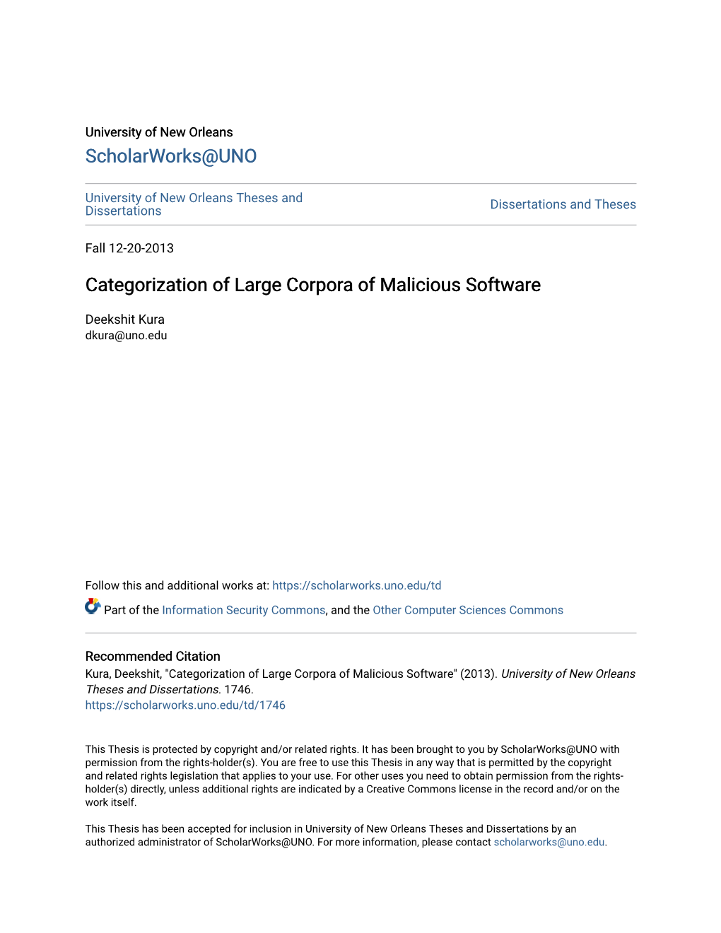 Categorization of Large Corpora of Malicious Software
