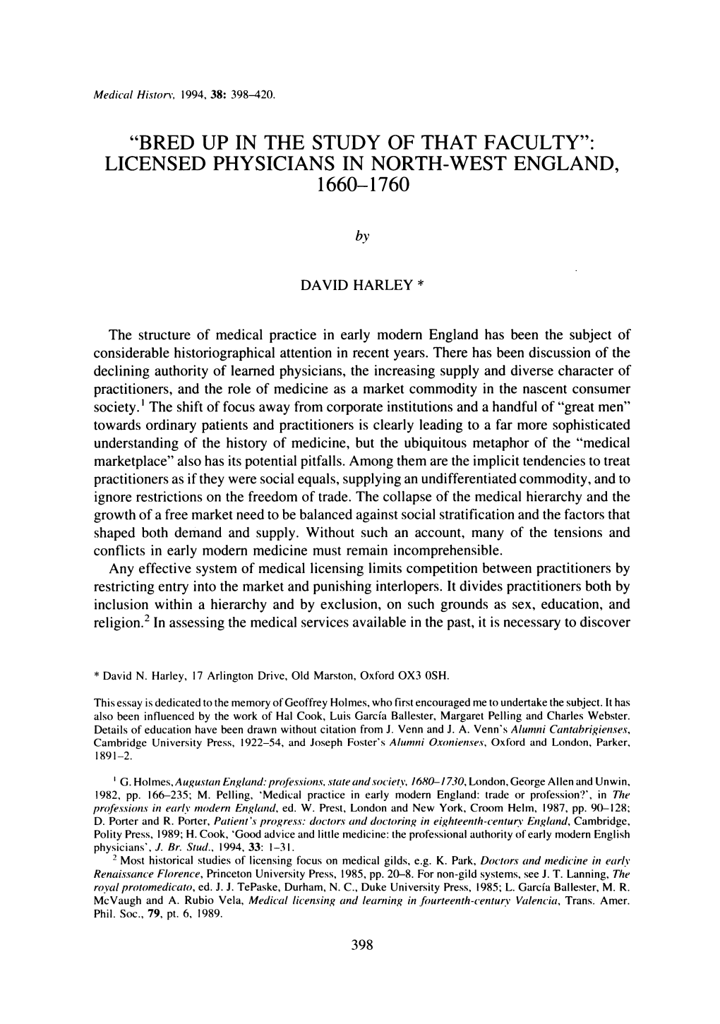 "Bred up in the Study of That Faculty": Licensed Physicians in North-West England, 1660-1760