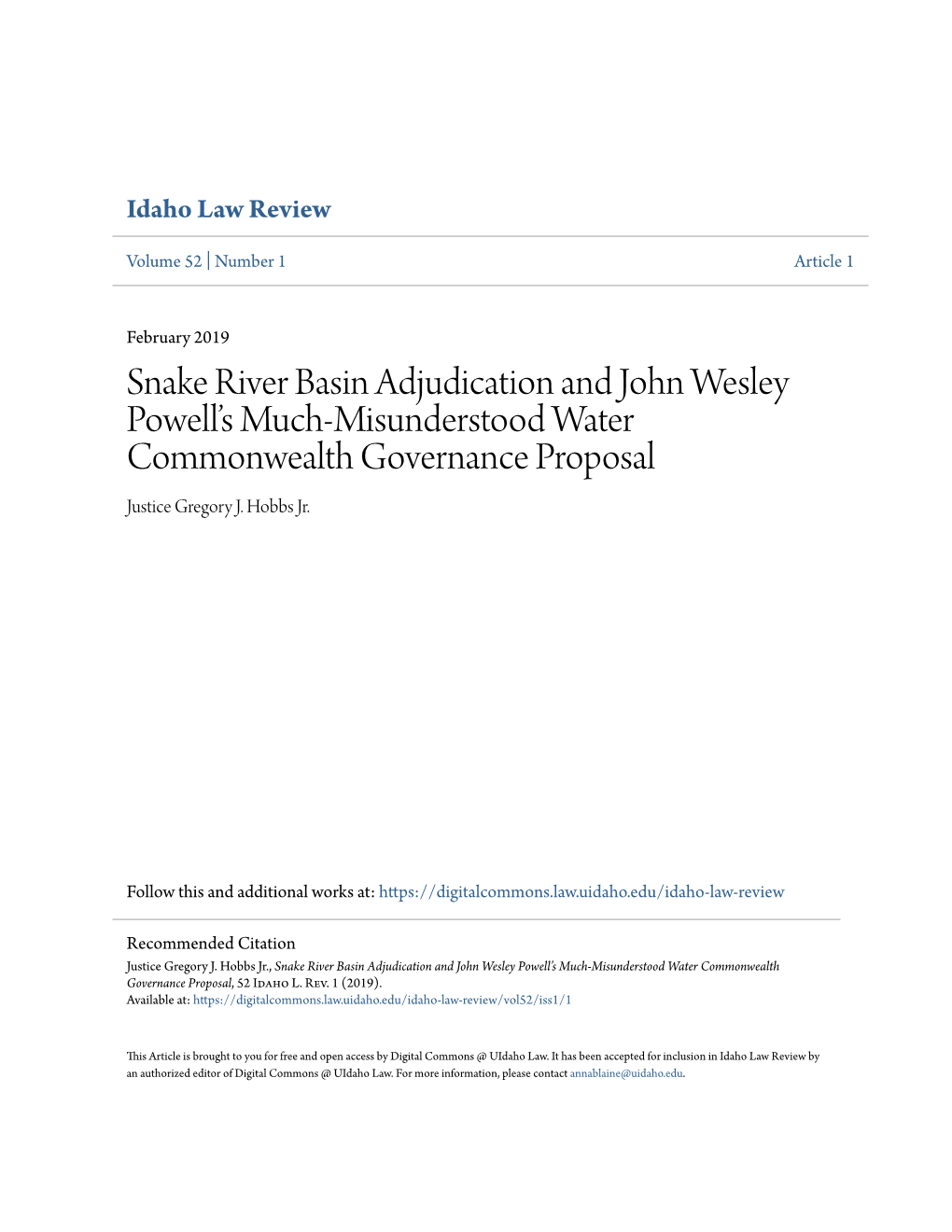 Snake River Basin Adjudication and John Wesley Powell's Much-Misunderstood Water Commonwealth Governance Proposal