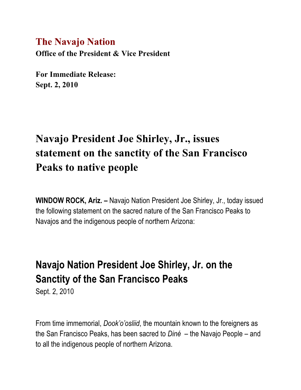 President Shirley Statement on Sanctity of San Francisco Peaks