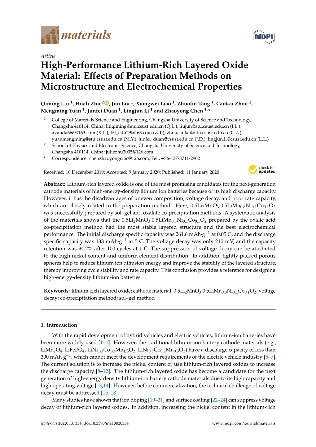 High-Performance Lithium-Rich Layered Oxide Material: Effects of Preparation Methods on Microstructure and Electrochemical Prope