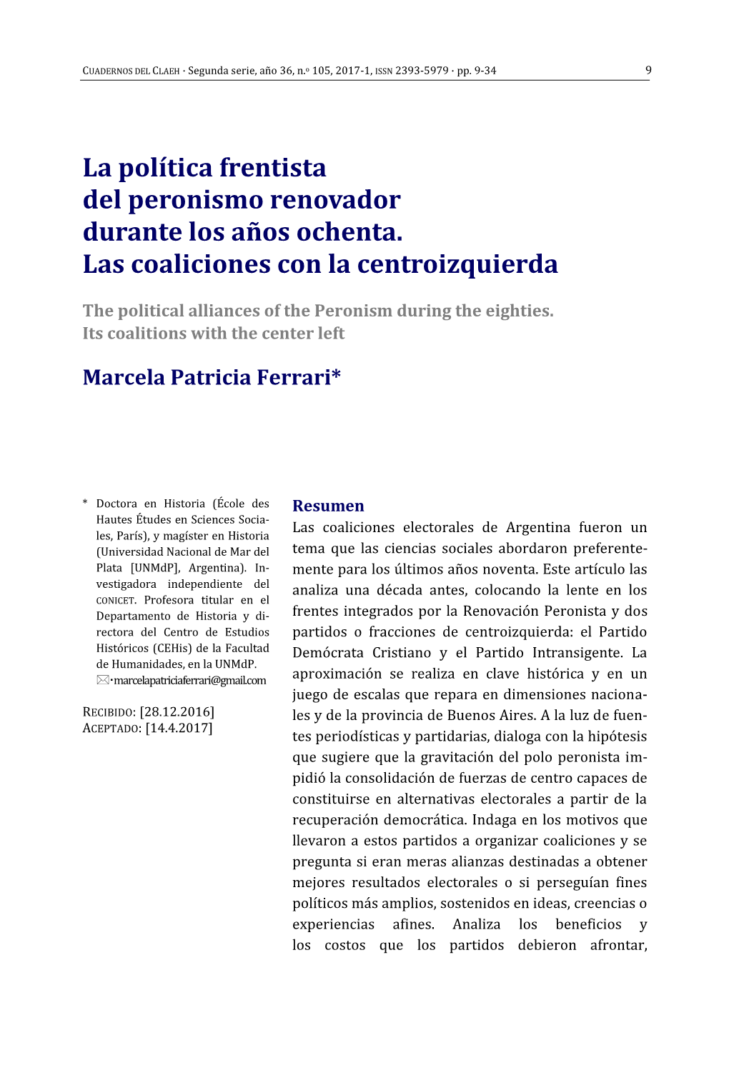 La Política Frentista Del Peronismo Renovador Durante Los Años Ochenta