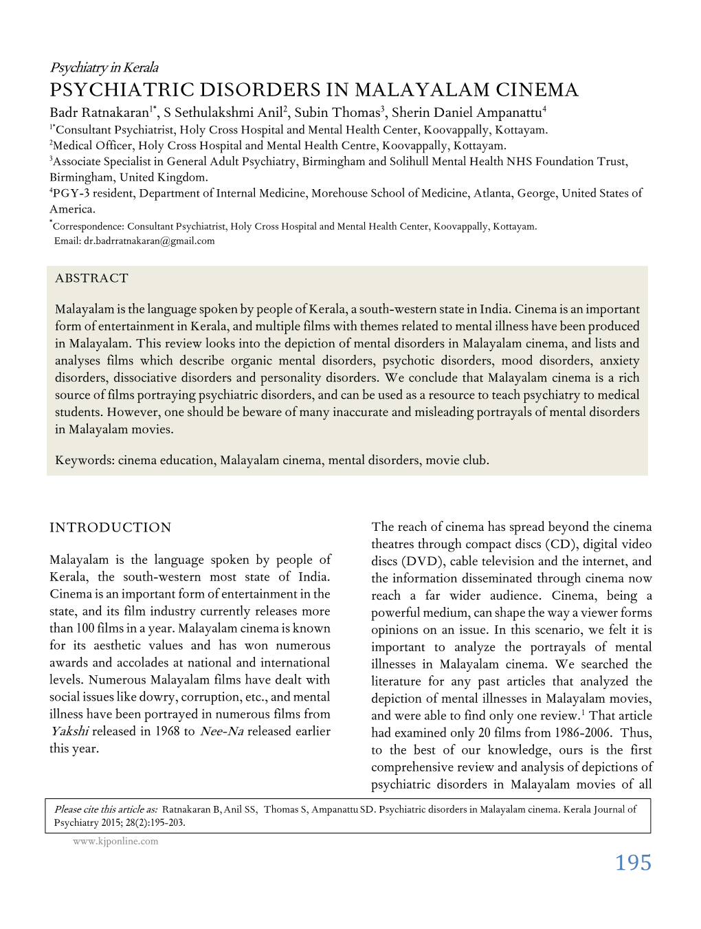 195 Psychiatric Disorders in Malayalam Cinema
