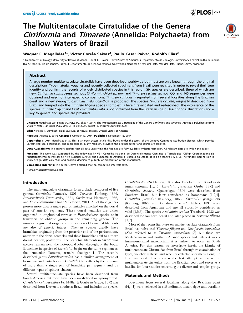 The Multitentaculate Cirratulidae of the Genera Cirriformia and Timarete (Annelida: Polychaeta) from Shallow Waters of Brazil