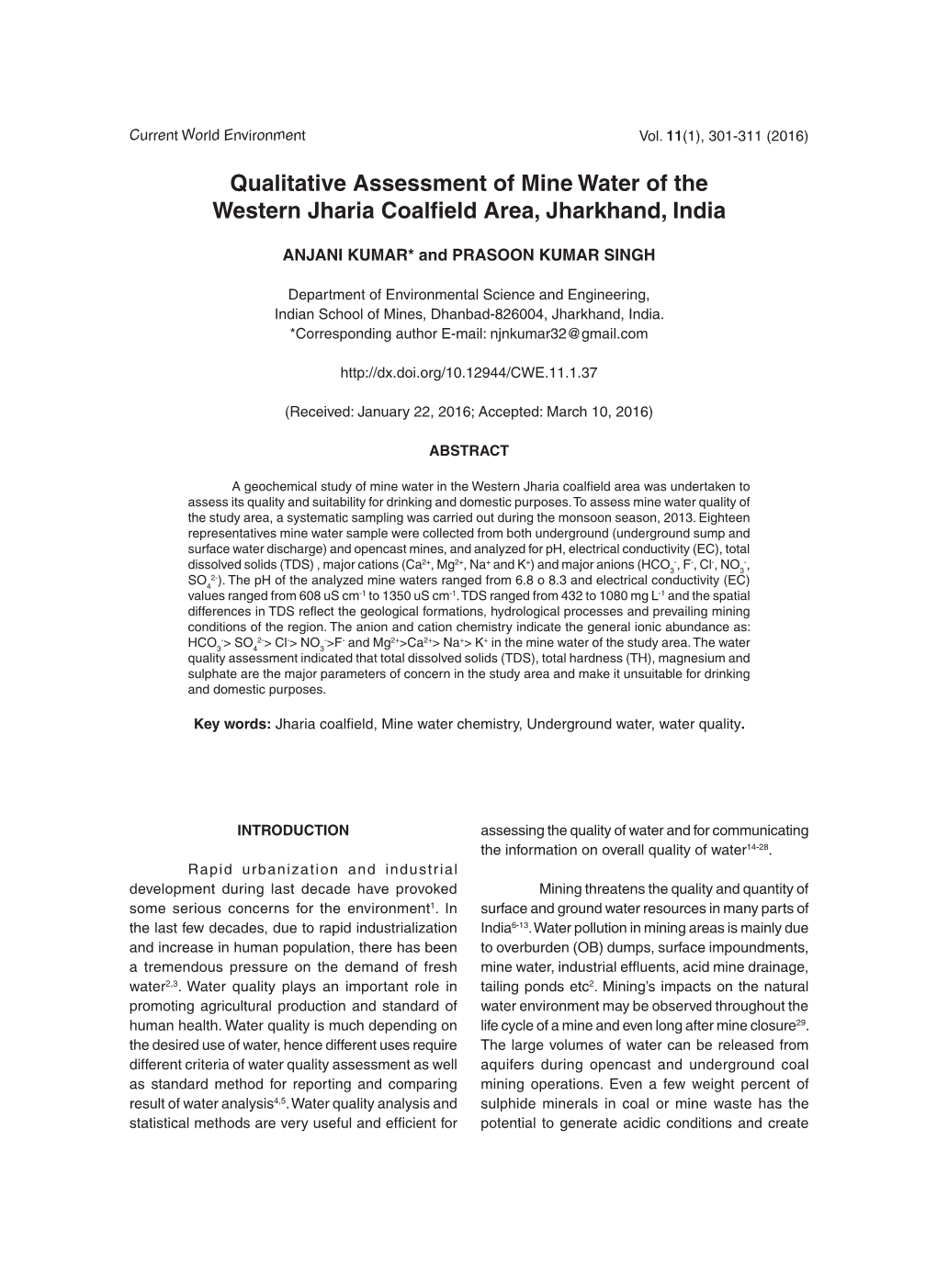 Qualitative Assessment of Mine Water of the Western Jharia Coalfield Area, Jharkhand, India