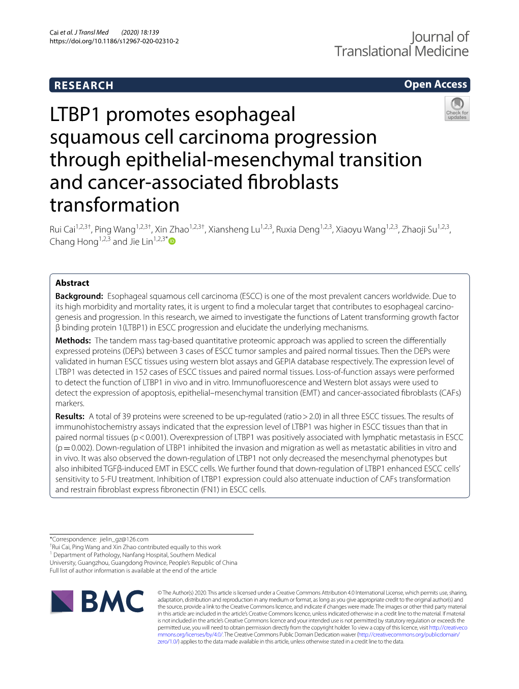 LTBP1 Promotes Esophageal Squamous Cell Carcinoma