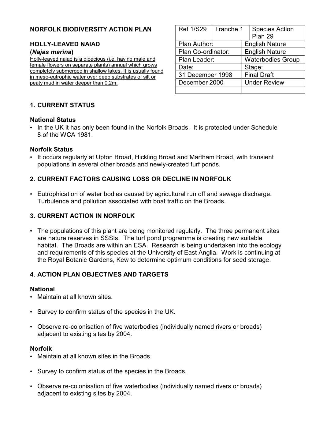 HOLLY-LEAVED NAIAD Plan Author: English Nature (Najas Marina) Plan Co-Ordinator: English Nature Holly-Leaved Naiad Is a Dioecious (I.E