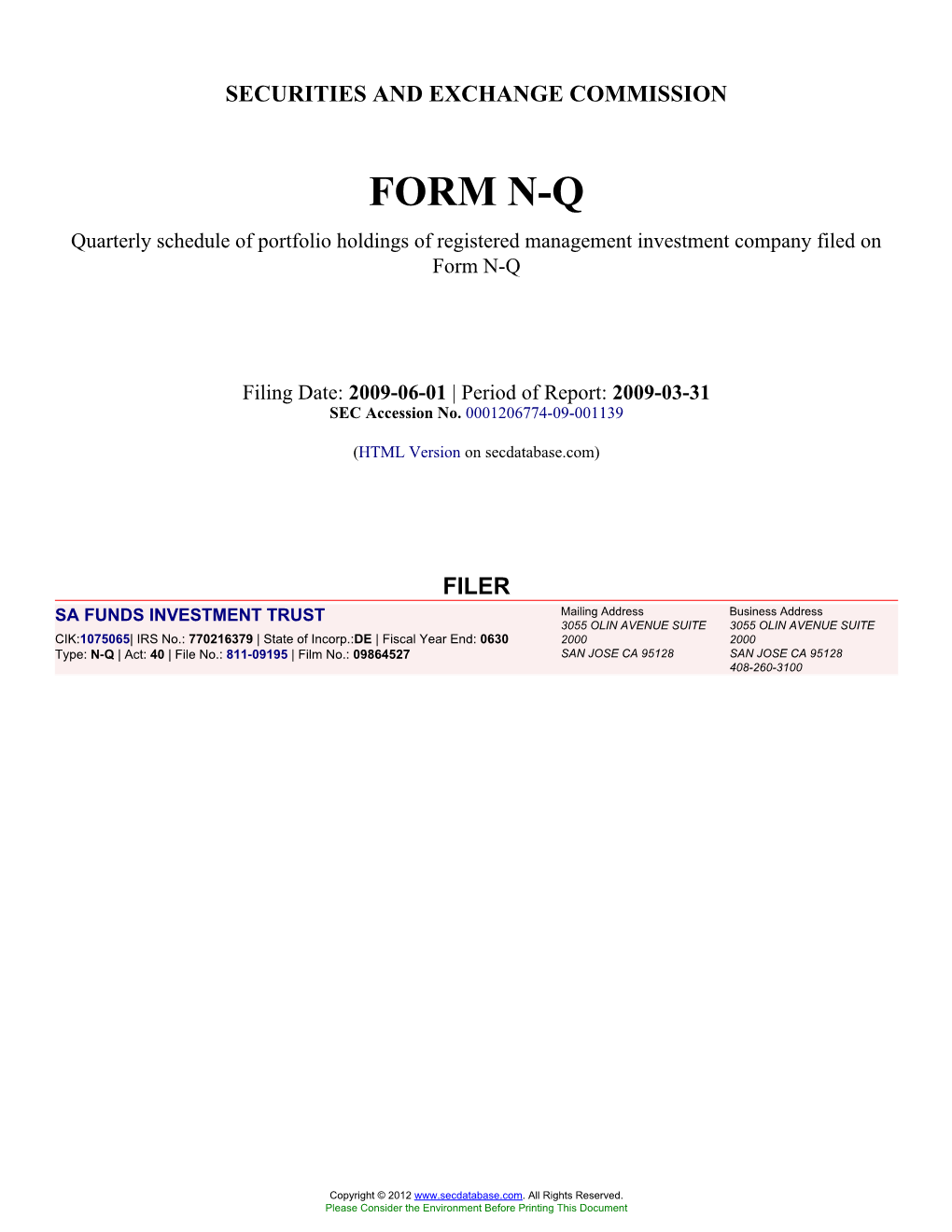 SA FUNDS INVESTMENT TRUST (Form: N-Q, Filing Date: 06/01/2009)