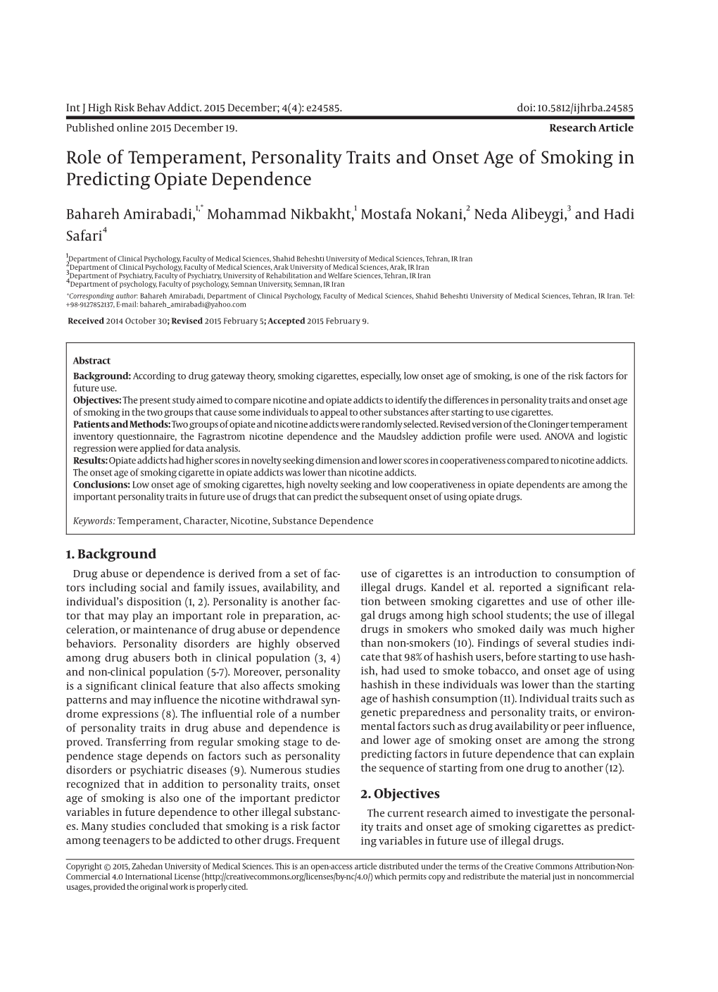 Role of Temperament, Personality Traits and Onset Age of Smoking in Predicting Opiate Dependence