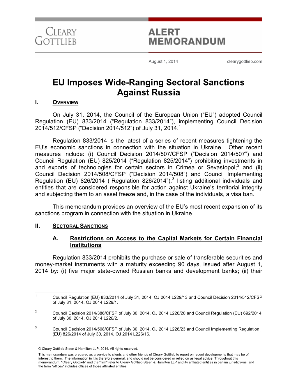 EU Imposes Wide Ranging Sectoral Sanctions Against Russia 2014