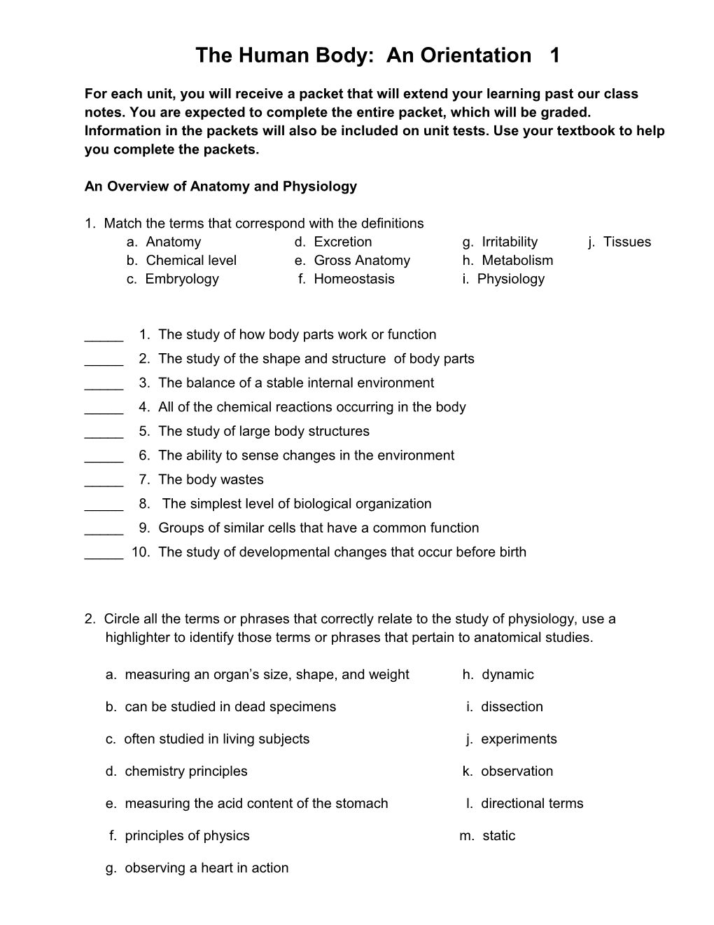 The Human Body: an Orientation 1