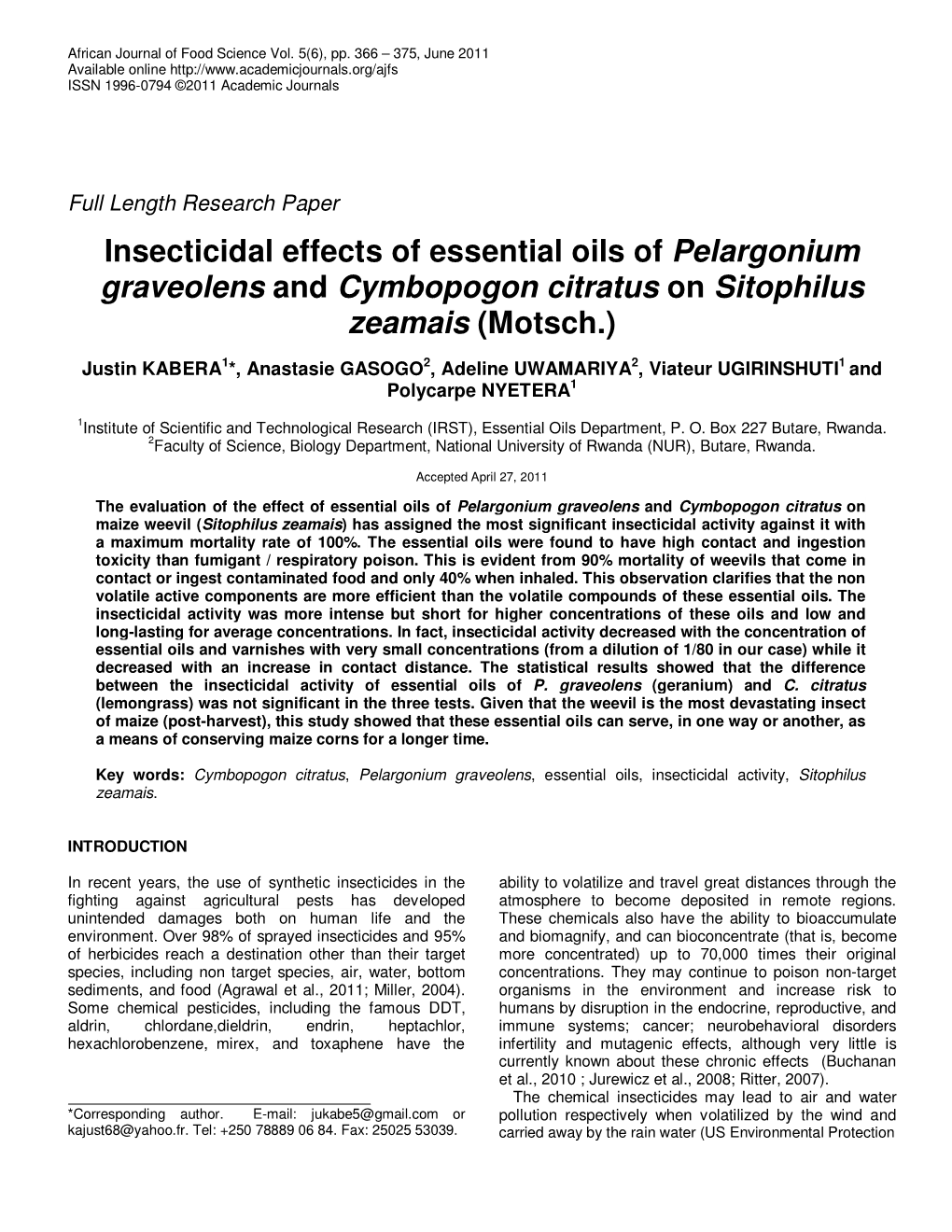 Insecticidal Effects of Essential Oils of Pelargonium Graveolens and Cymbopogon Citratus on Sitophilus Zeamais (Motsch.)