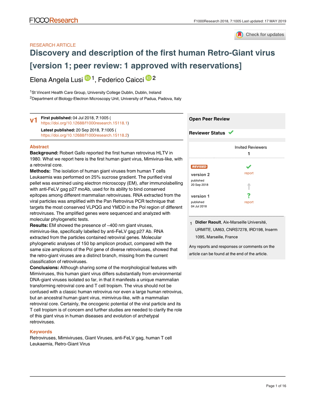 Discovery and Description of the First Human Retro-Giant Virus [Version 1; Peer Review: 1 Approved with Reservations] Elena Angela Lusi 1, Federico Caicci 2