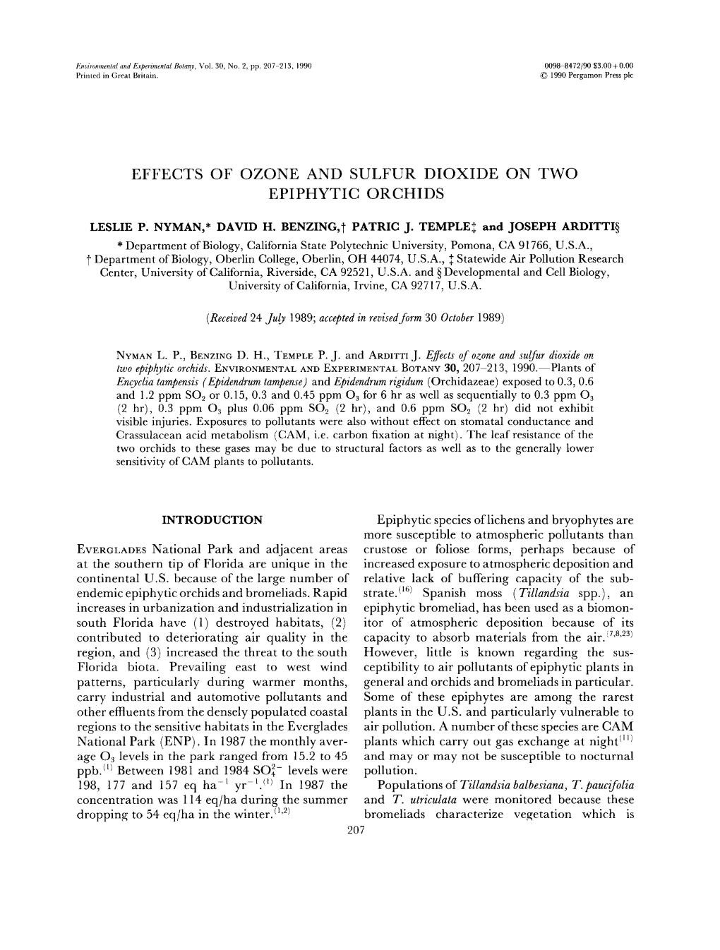 Effects of Ozone and Sulfur Dioxide on Two Epiphytic Orchids