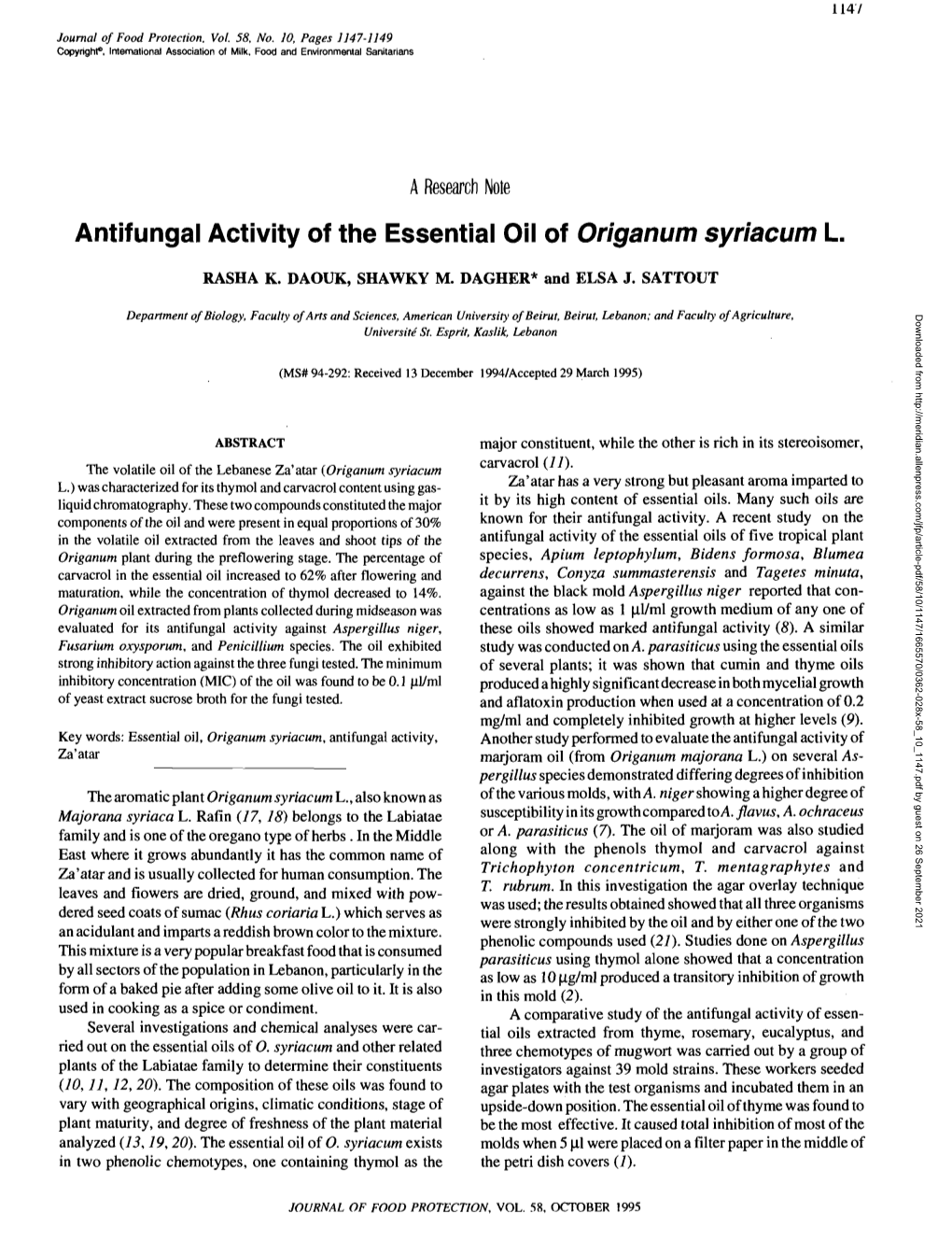 Antifungal Activity of the Essential Oil of &lt;I&gt;Origanum Syriacum&lt;/I&gt;