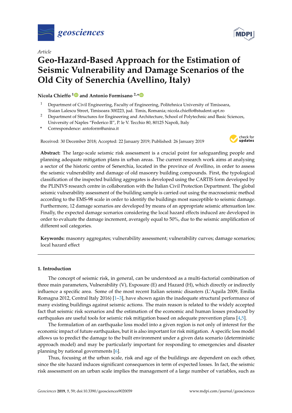 Geo-Hazard-Based Approach for the Estimation of Seismic Vulnerability and Damage Scenarios of the Old City of Senerchia (Avellino, Italy)