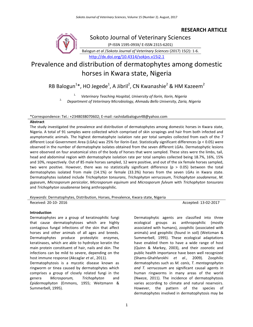 Prevalence and Distribution of Dermatophytes Among Domestic Horses in Kwara State, Nigeria