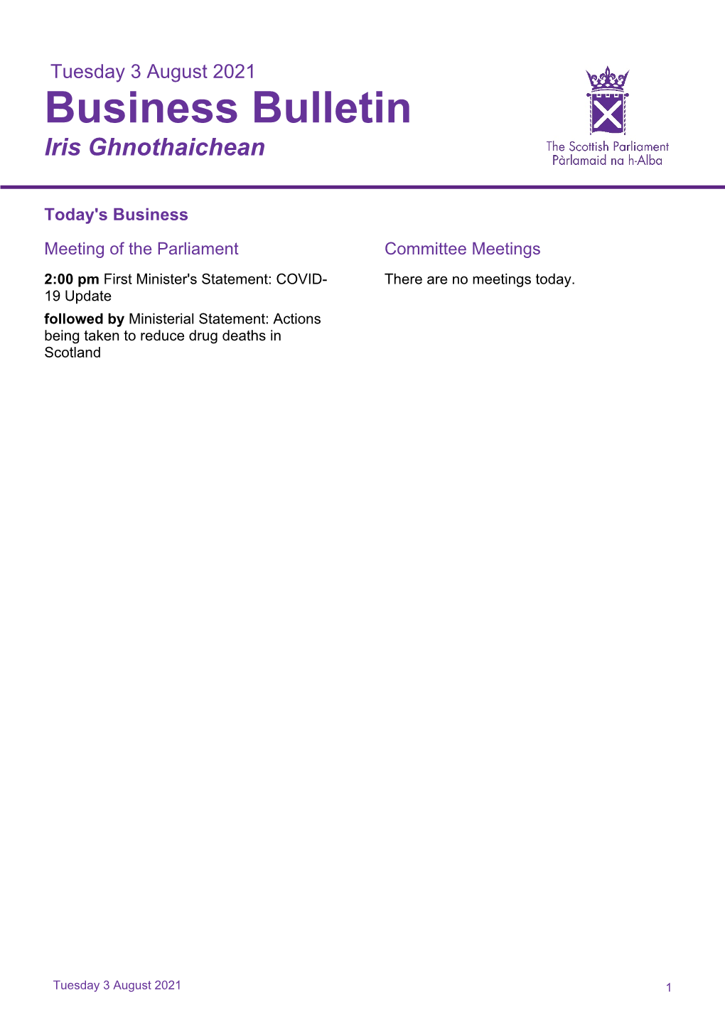 Tuesday 3 August 2021 Business Bulletin Iris Ghnothaichean