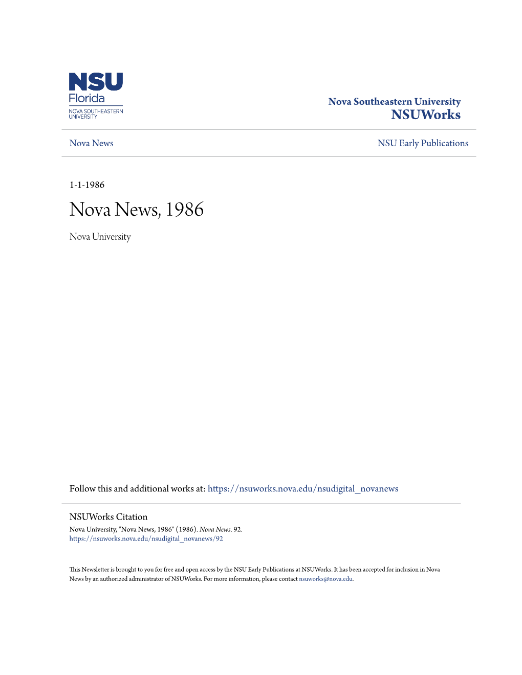 Nova News, 1986 Nova University