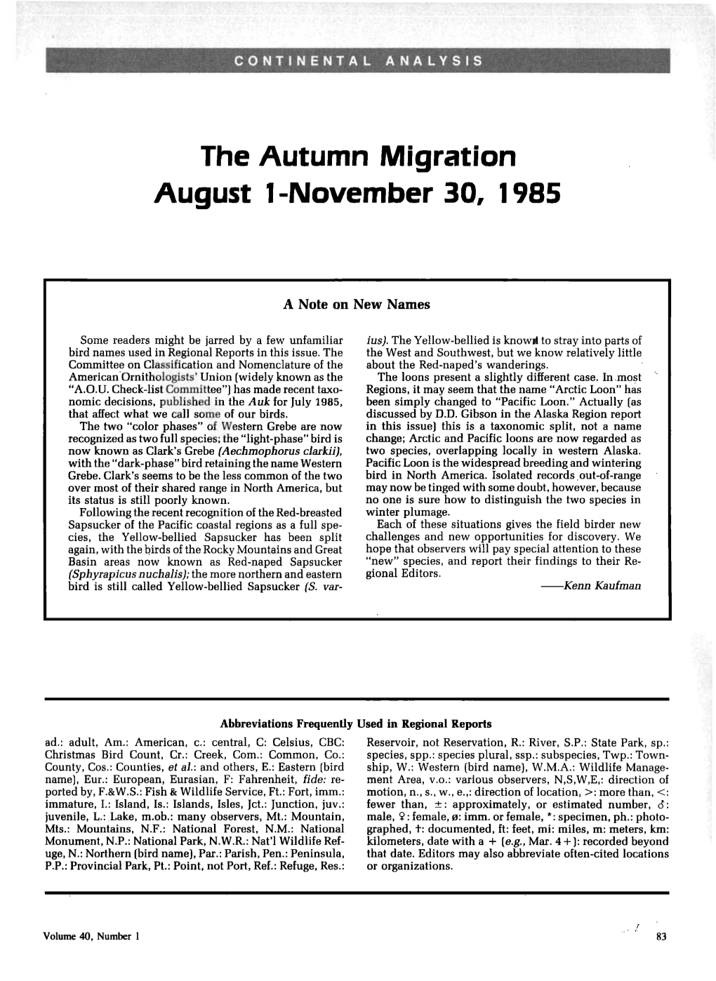 The Autumn Migration August 1-November 30, 1985