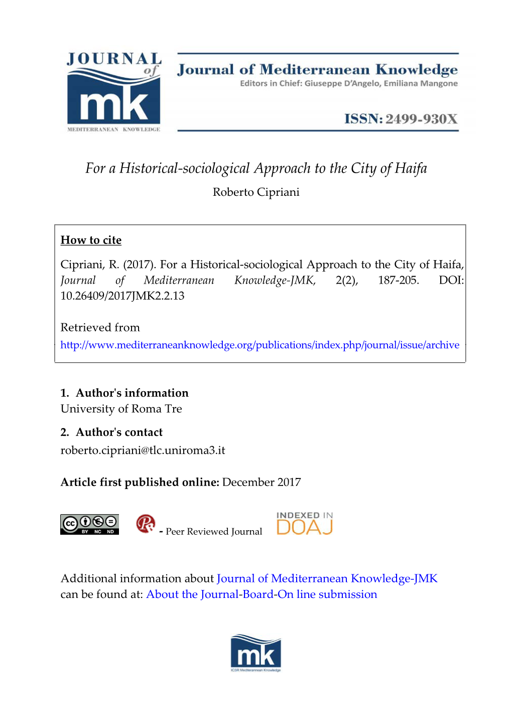 For a Historical-Sociological Approach to the City of Haifa Roberto Cipriani