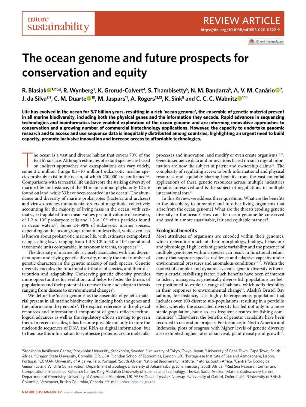 The Ocean Genome and Future Prospects for Conservation and Equity